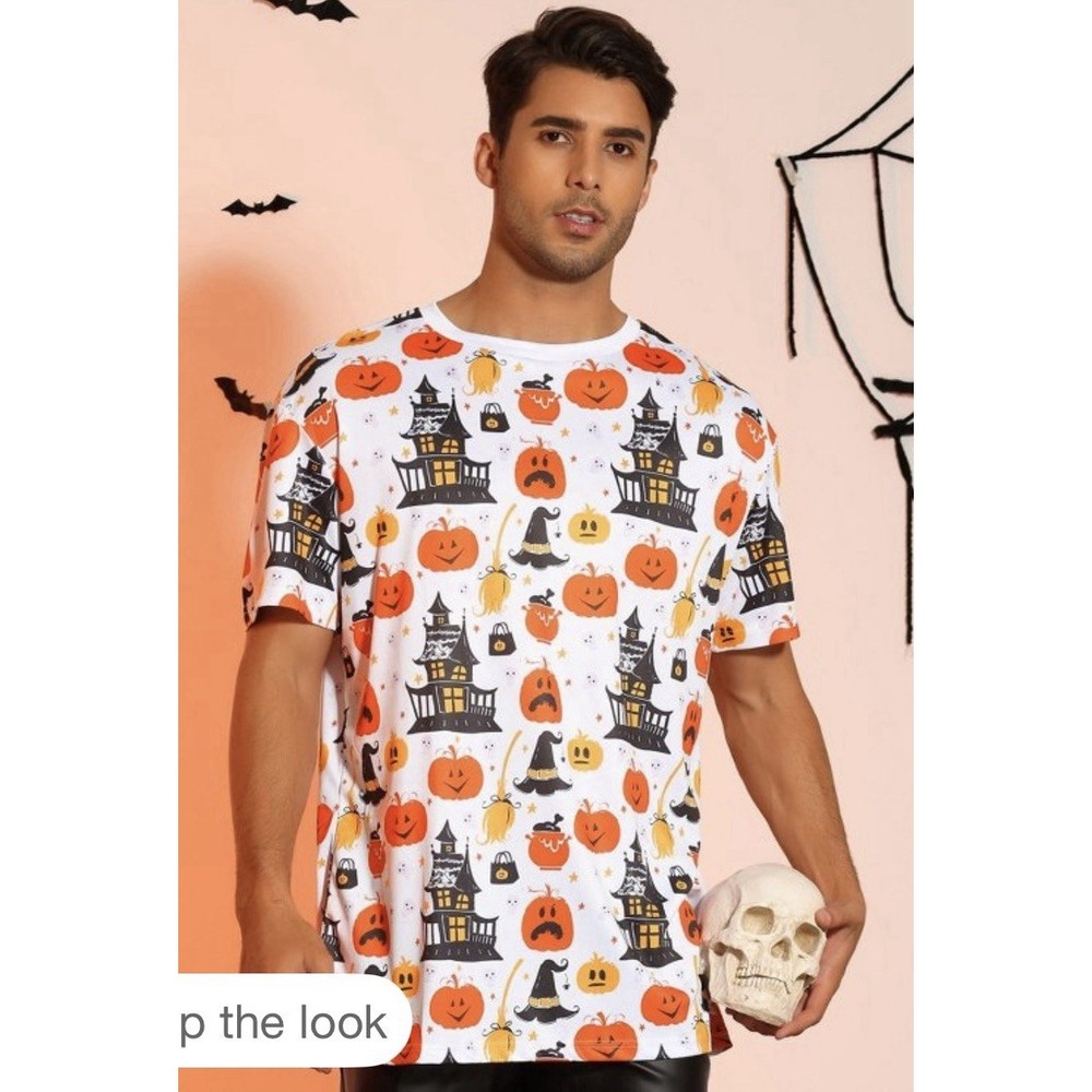 Mens Halloween Pumpkin Printed Graphic Short Sleeve Shirt Size XL